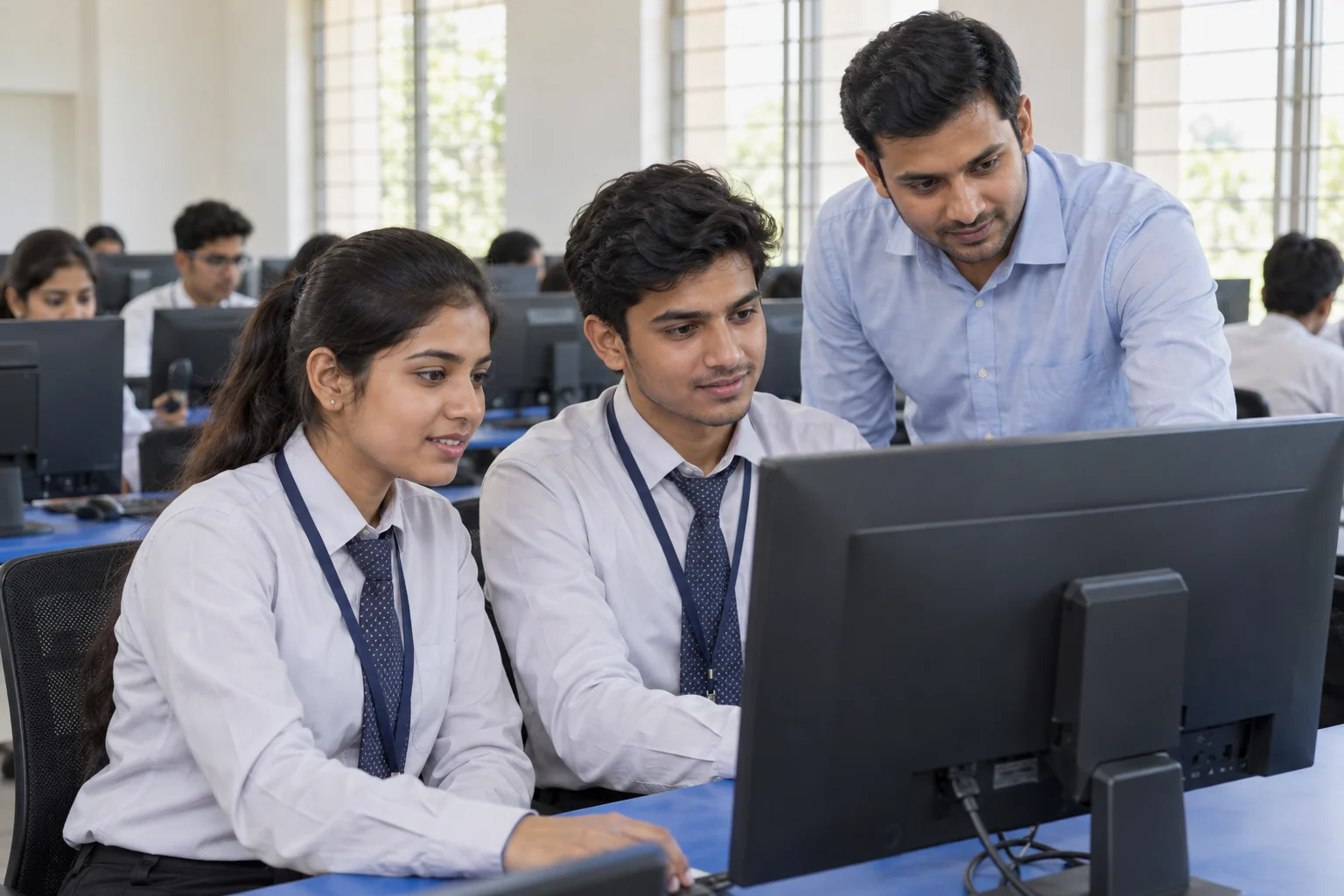 Indian college students in uniform learning computing together in a computer laboratory