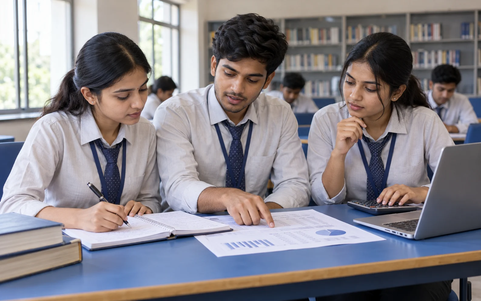 AI-generated illustration of uniformed B.Com students collaborating on accounting and financial analysis