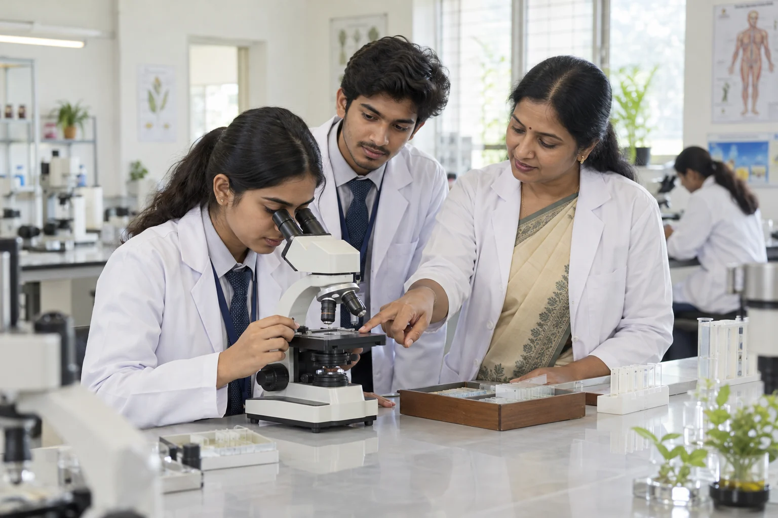Indian college students in uniform studying science together in a laboratory