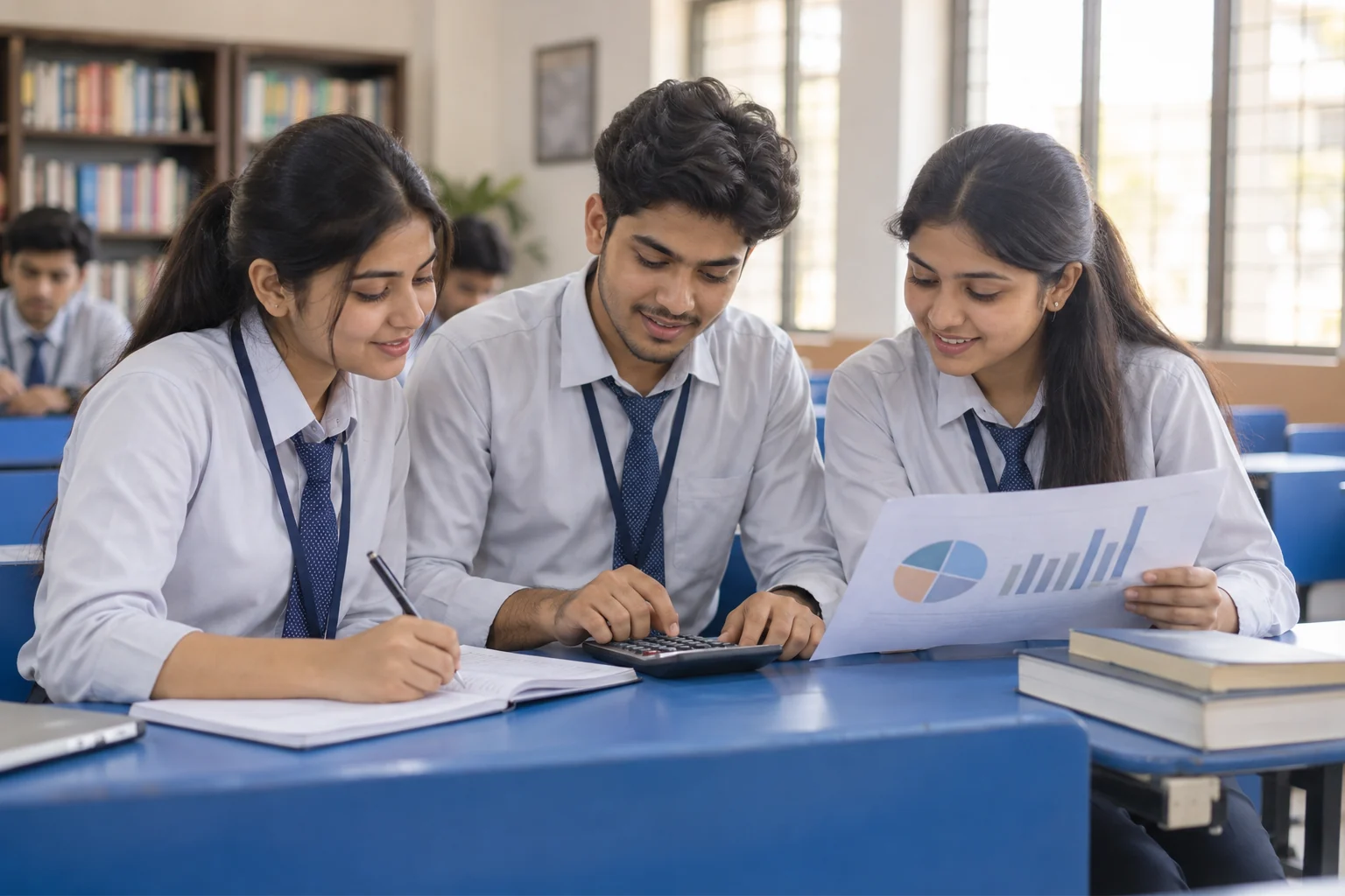 Indian college students in uniform working together on a commerce assignment
