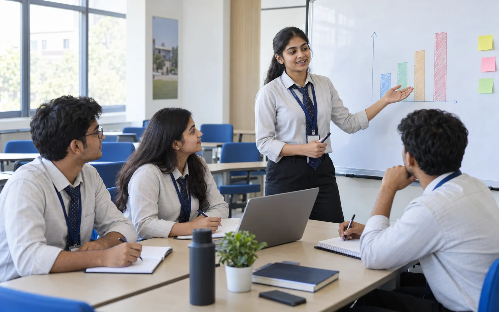 AI-generated illustration of uniformed BBA students presenting a business plan and discussing management ideas
