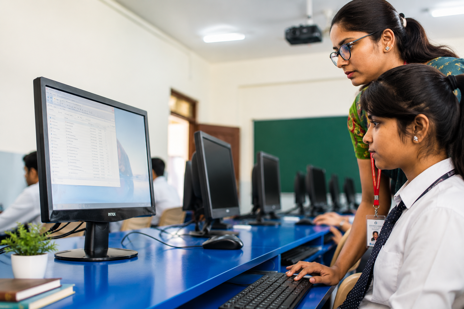 A teacher guiding a Mahesh PU College student in the computer laboratory