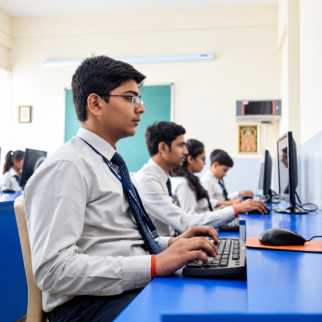 A uniformed student with glasses working in the computer laboratory
