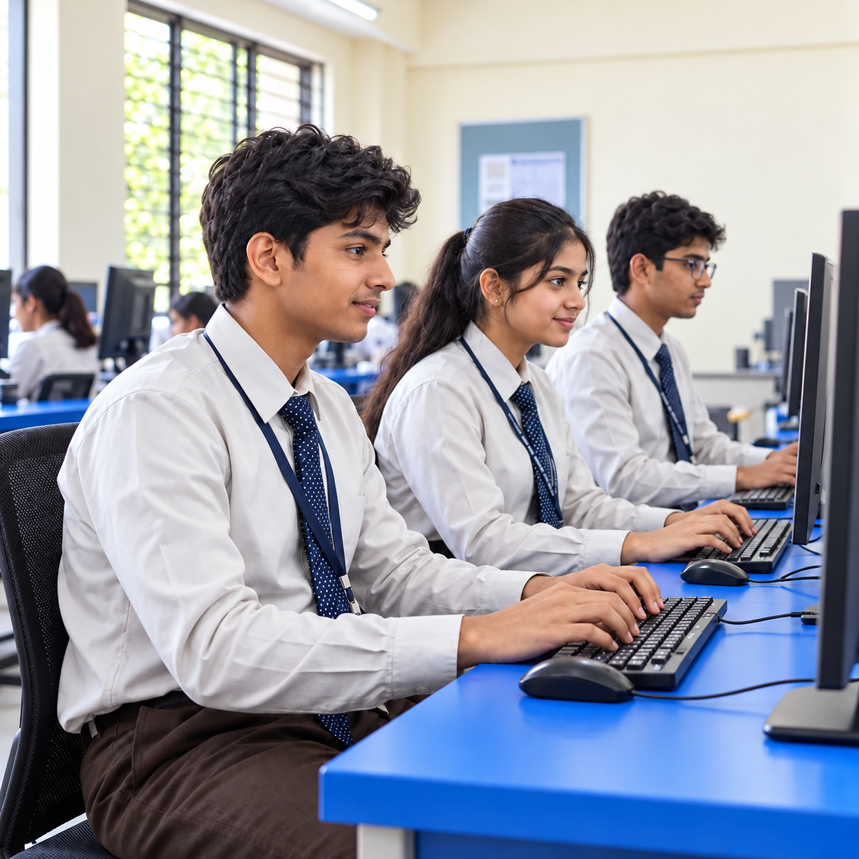 Three uniformed students practising at computers in the college laboratory