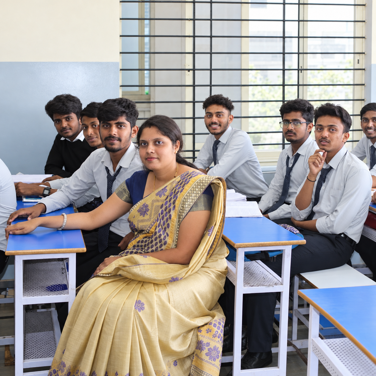 A teacher and uniformed students together in a college classroom