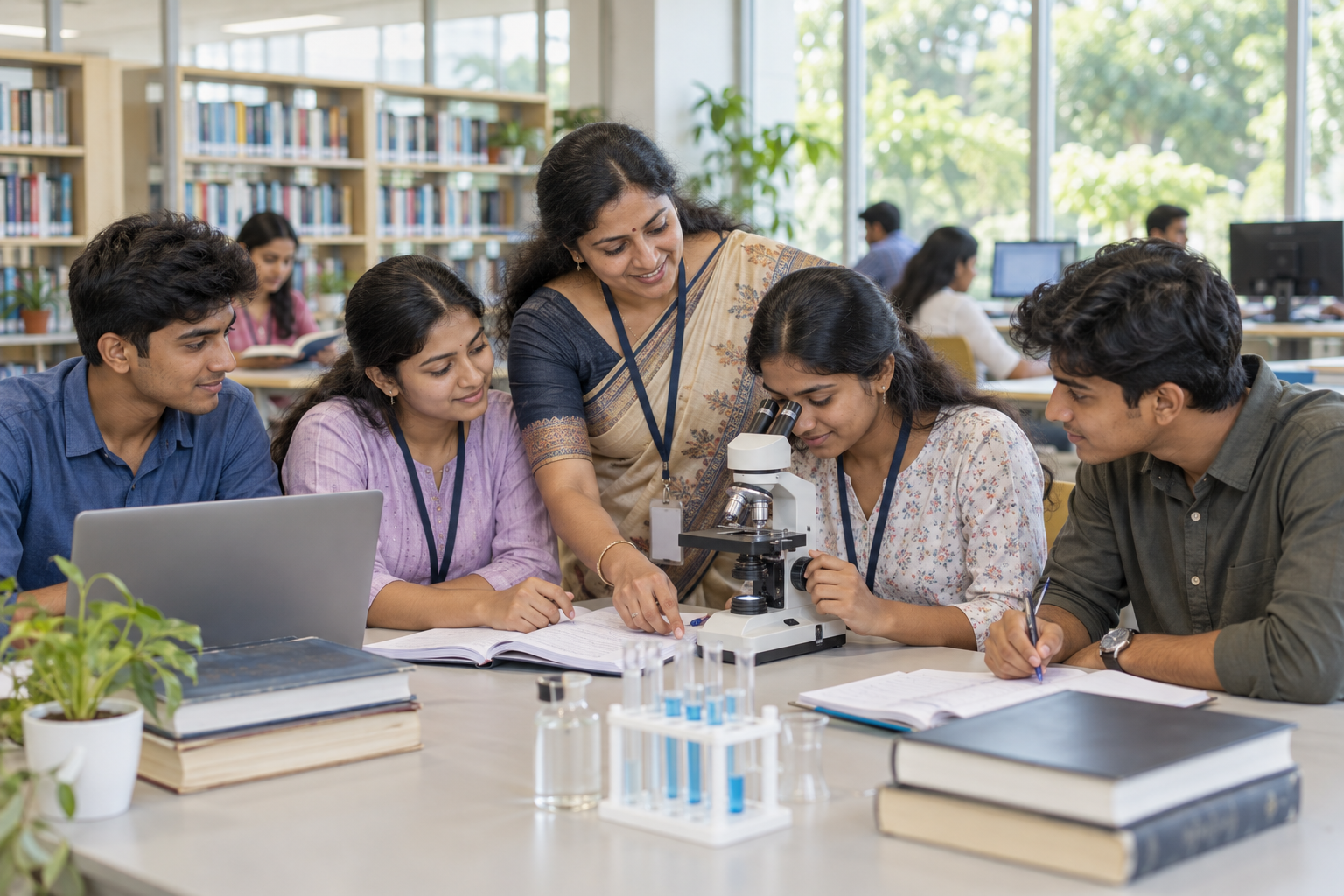 AI-generated illustration of students and a teacher exploring science and digital learning in a modern classroom