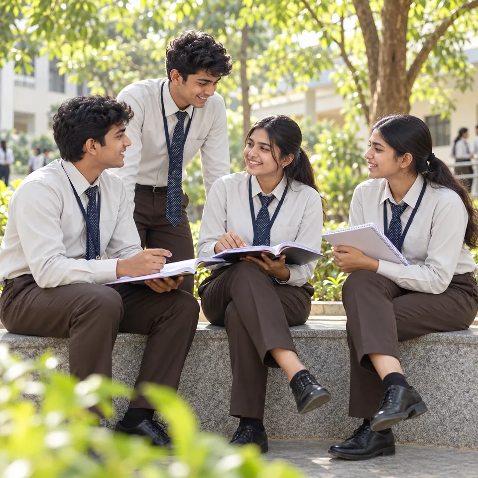 Illustration of uniformed students spending time on campus
