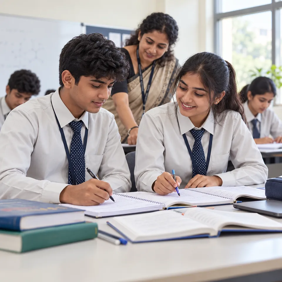 Illustration of uniformed students preparing for an examination