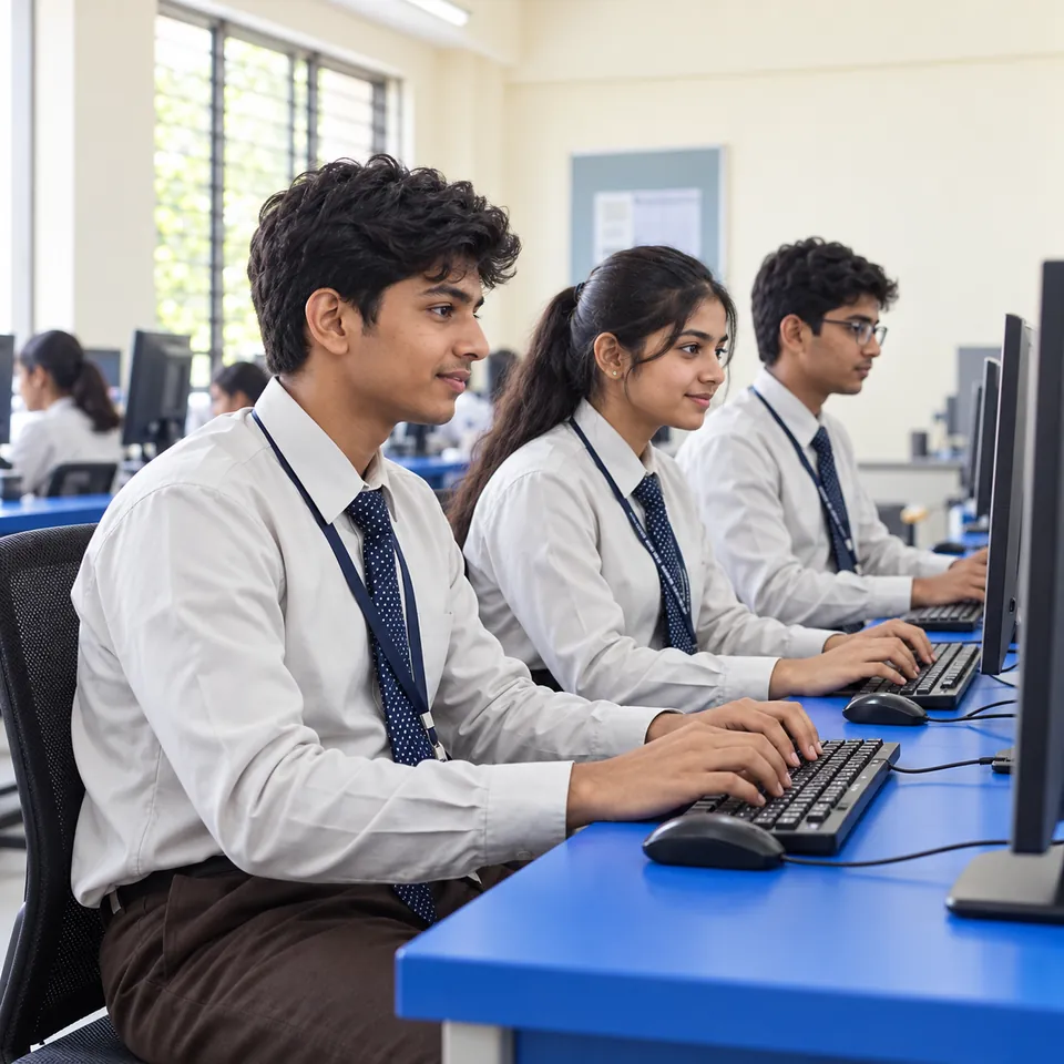 Illustration of uniformed students working in a computer laboratory