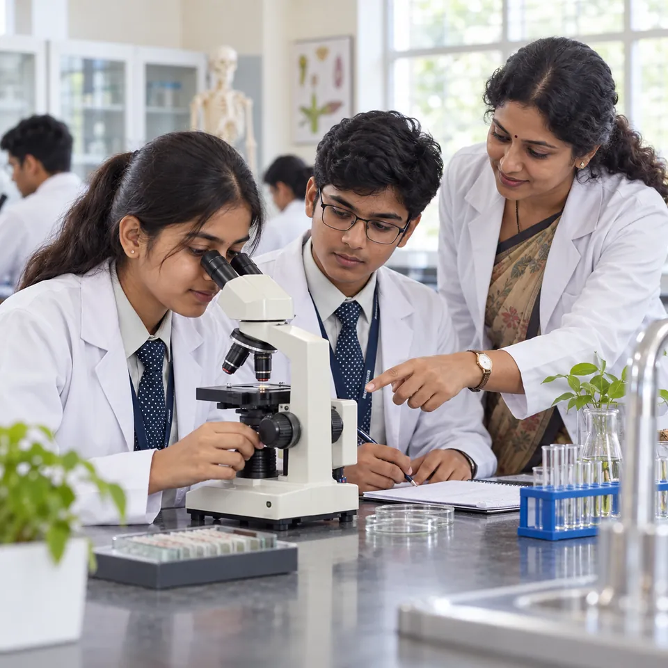 Illustration of uniformed students using a microscope in a biology laboratory